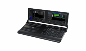 Professional lighting console with dual screens for controlling corporate event production
