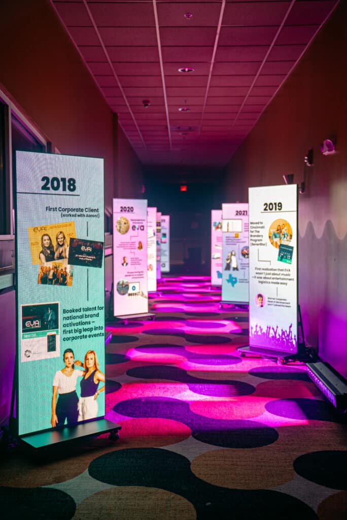 LED ReFLEXion displays used for way finding down a hallway at the anniversary event
