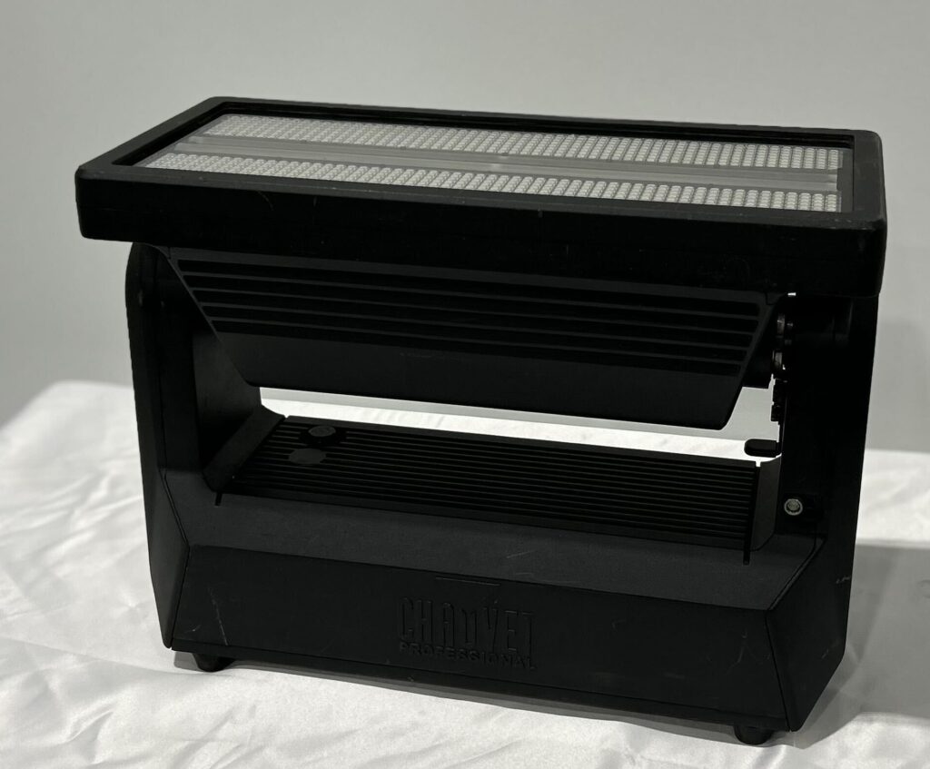 Stage lighting fixture on display for professional use.