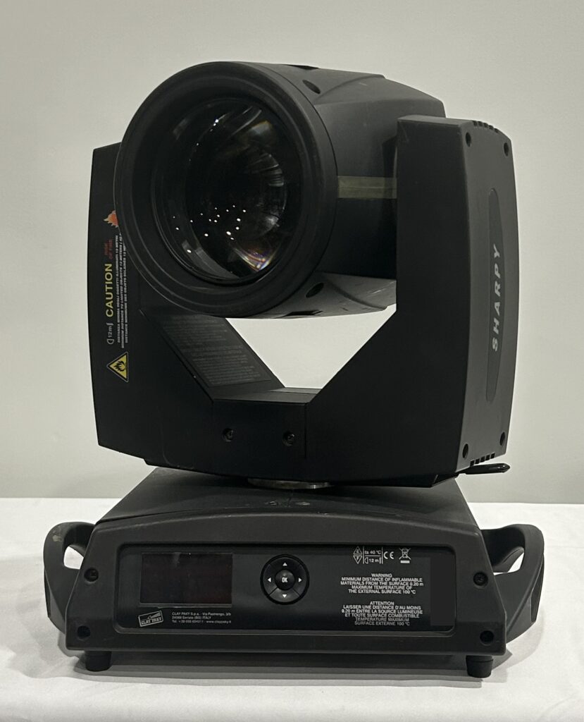 Stage lighting fixture on display for product review.