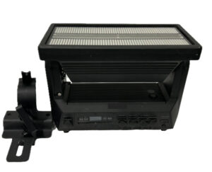 Stage lighting fixture with control panel and mounting bracket.