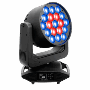 Professional LED wash light creating dynamic blue and red stage lighting for corporate events