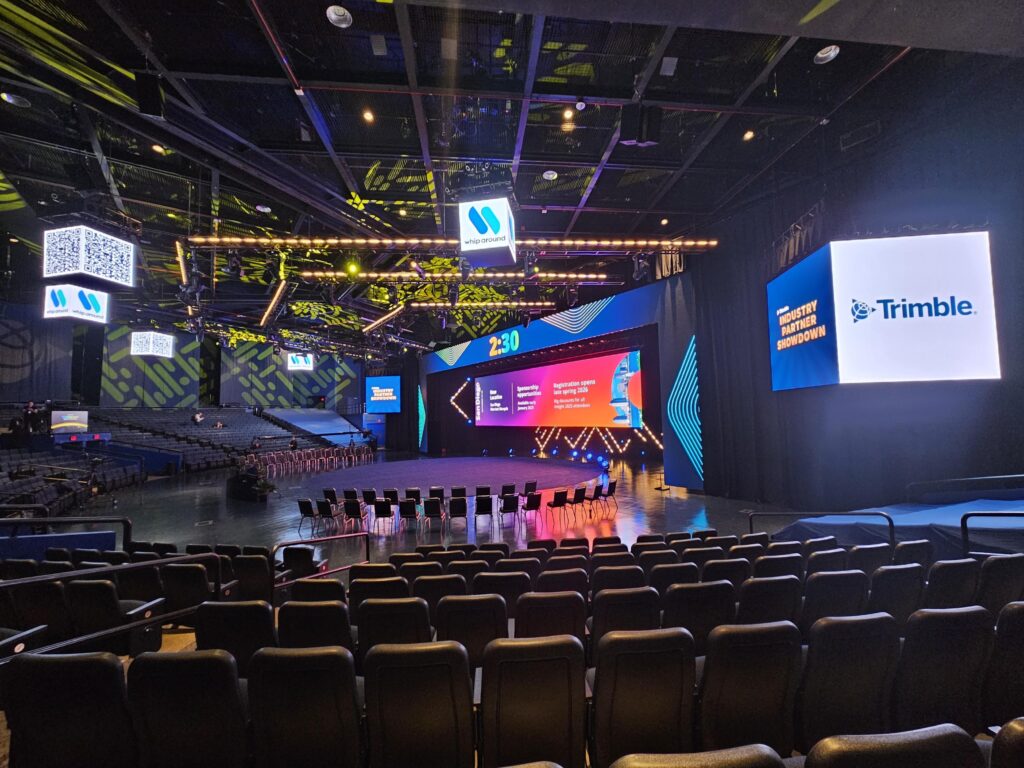 Custom LED displays with large stage LED wall and hanging LED cubes