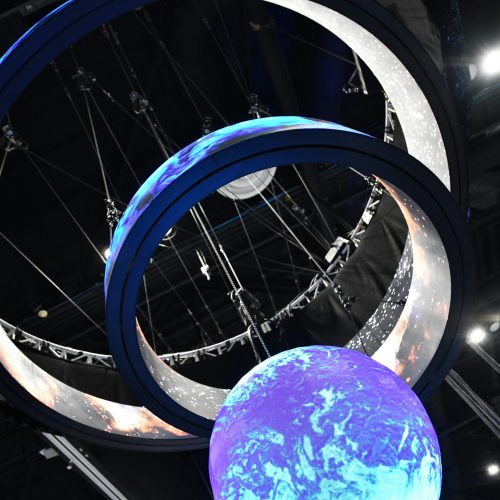 LED Spiral and sphere suspended from ceiling